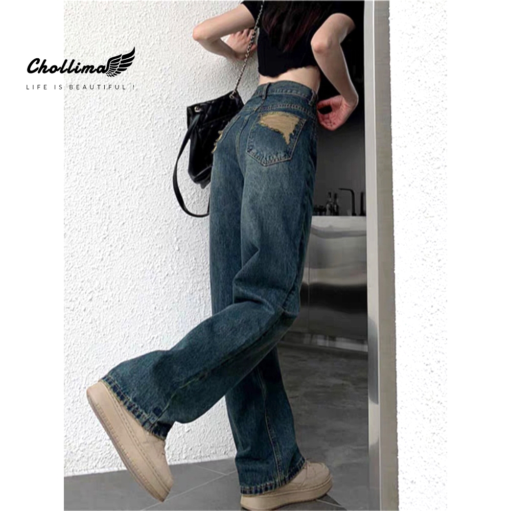 Quần jeans nữ Chollima ống rộng SIMPLE JEAN màu xanh dơ rách túi sau QD259 ulzzang phong cách hàn quốc