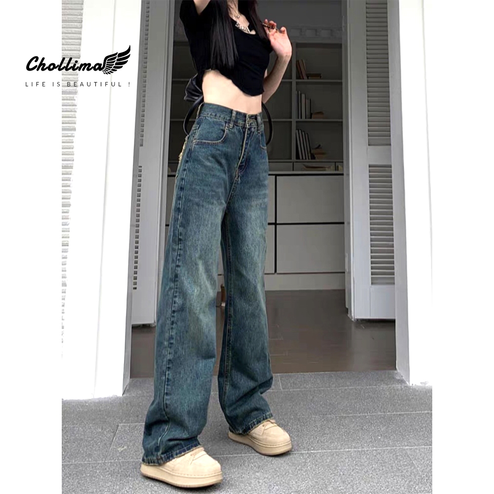 Quần jeans nữ Chollima ống rộng SIMPLE JEAN màu xanh dơ rách túi sau QD259 ulzzang phong cách hàn quốc