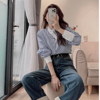 Áo Sơ Mi Kẻ Sọc Tay Dài có bigsize kiểu Hàn Quốc dễ phối đồ cổ chéo phong cách Hàn Quốc M8