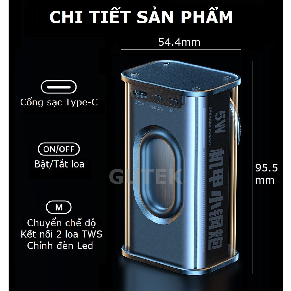 Loa bluetooth mini Gutek K07 bass rung công suất cao cực căng, đèn led nháy theo nhạc.