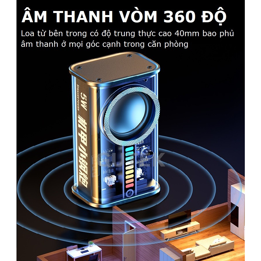 Loa bluetooth mini Gutek K07 bass rung công suất cao cực căng, đèn led nháy theo nhạc.