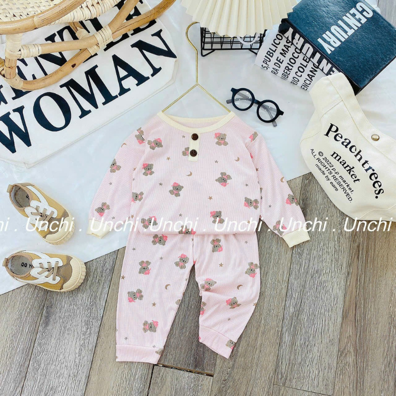 Bộ Dài Tay Cho Bé Chất Thun Tăm Nhiều Màu Sấc Họa Tiết Gấu Dễ Thương B03