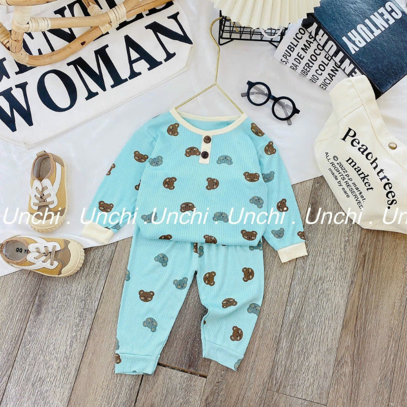 Bộ Dài Tay Cho Bé Chất Thun Tăm Nhiều Màu Sấc Họa Tiết Gấu Dễ Thương B03