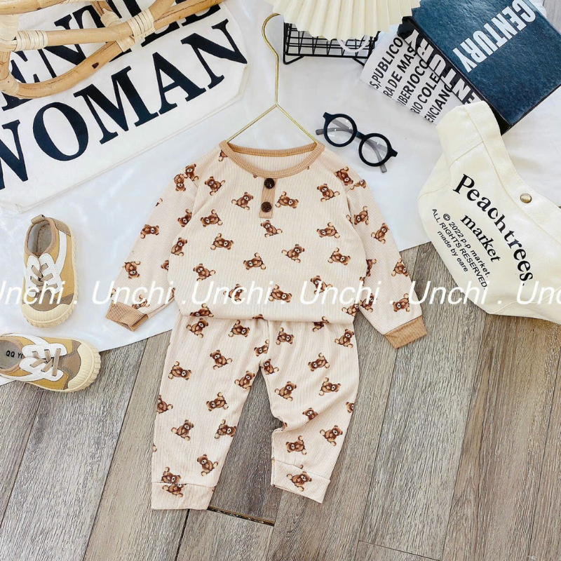 Bộ Dài Tay Cho Bé Chất Thun Tăm Nhiều Màu Sấc Họa Tiết Gấu Dễ Thương B03