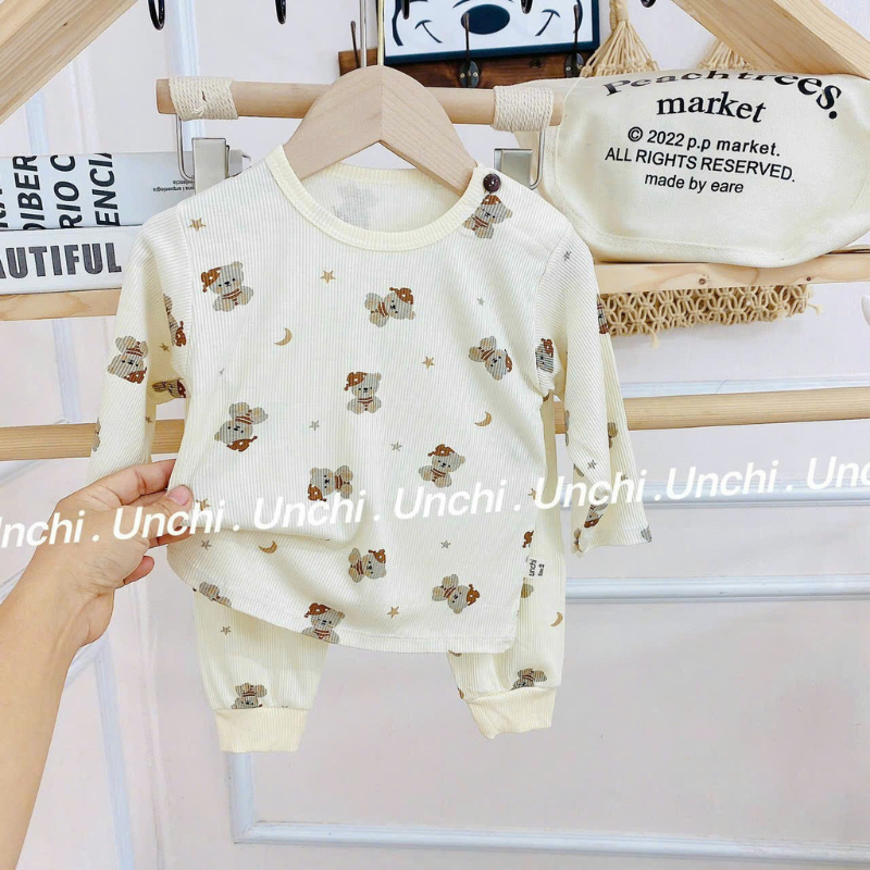 Bộ Dài Tay Cho Bé Chất Thun Tăm Họa Tiết Gấu Dễ Thương B01