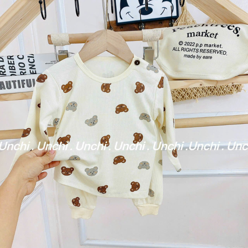 Bộ Dài Tay Cho Bé Chất Thun Tăm Họa Tiết Gấu Dễ Thương B01