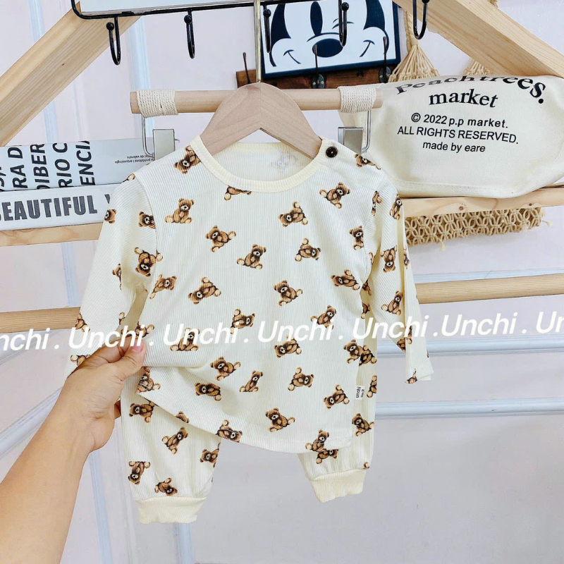Bộ Dài Tay Cho Bé Chất Thun Tăm Họa Tiết Gấu Dễ Thương B01