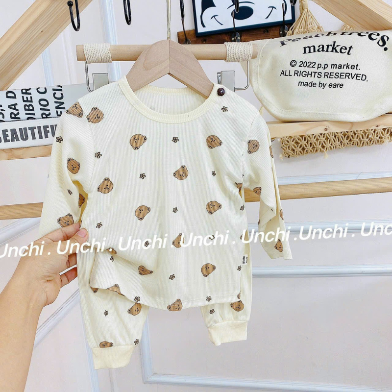 Bộ Dài Tay Cho Bé Chất Thun Tăm Họa Tiết Gấu Dễ Thương B01