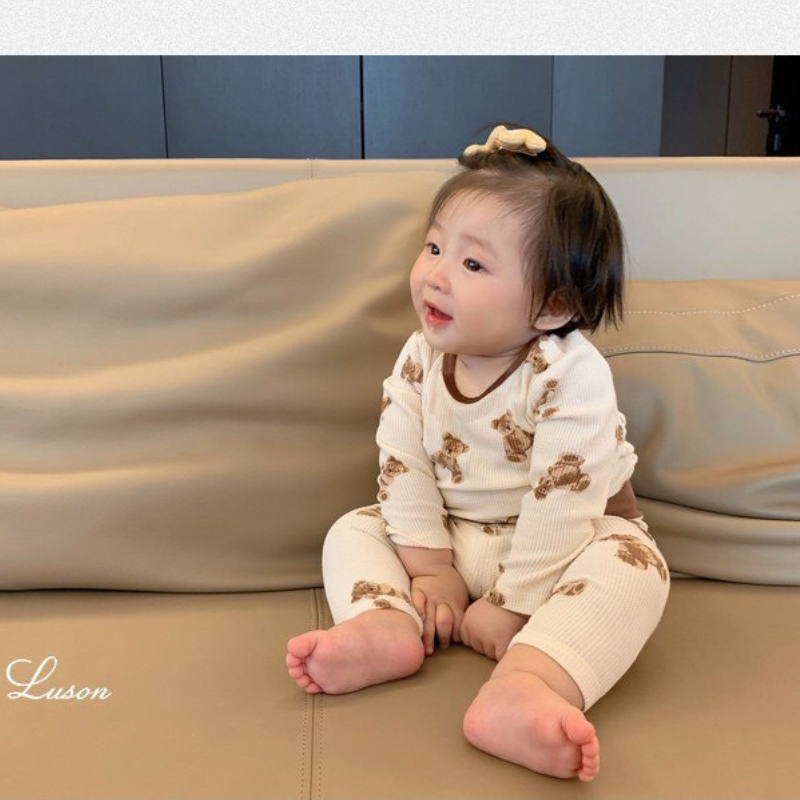 Bộ Dài Tay Cho Bé Chất Thun Tăm Họa Tiết Gấu Dễ Thương B01