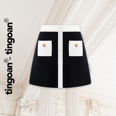 TINGOAN® - Chân váy set cạp chun len ngắn tay cổ bẻ đính dọc cúc túi 2 bên đen viền trắng (FREESIZE) CHOI Y SKIRT/BL