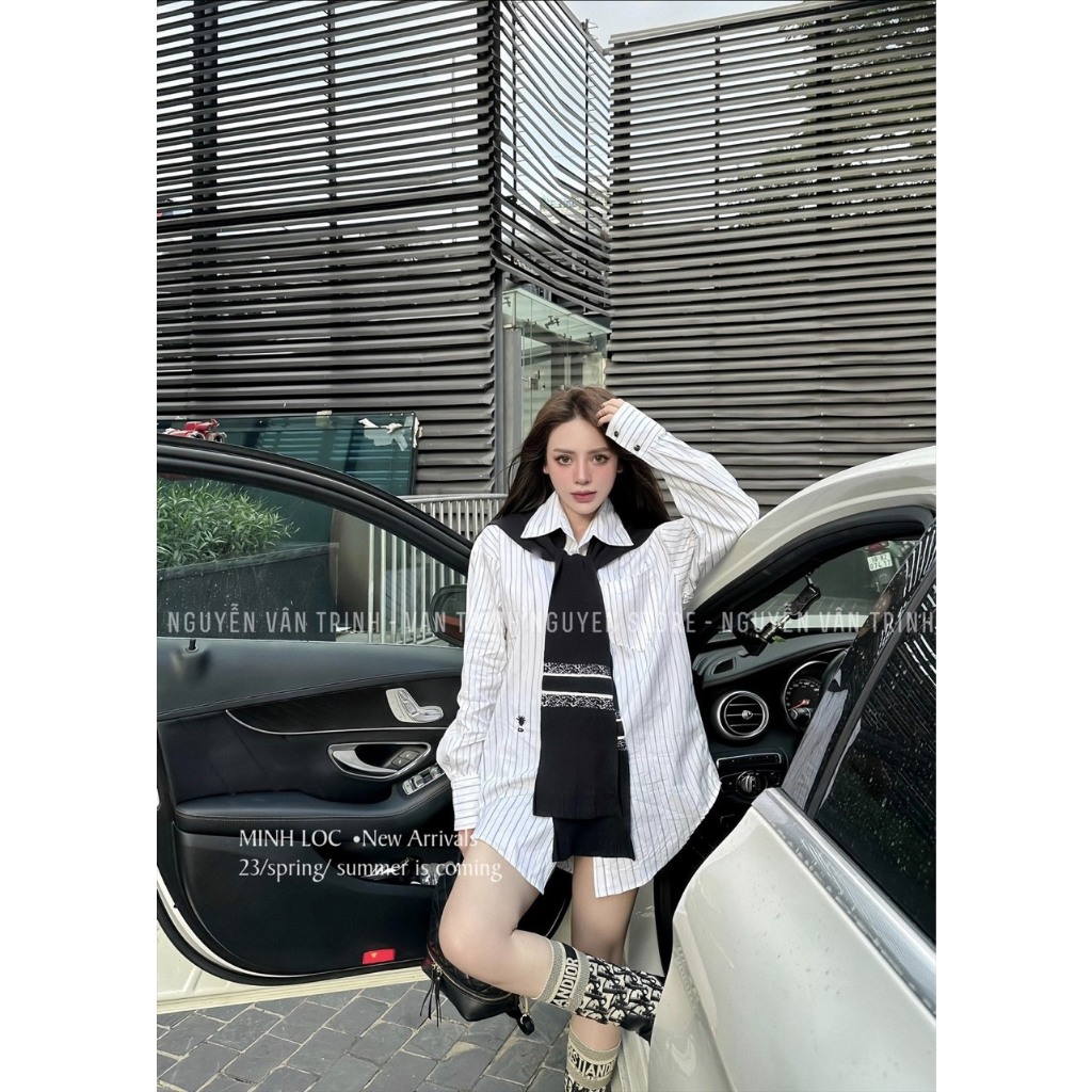 Áo Sơ Mi Kẻ Sọc Dấu Quần Mix Khăn Di-Or Siêu Hot