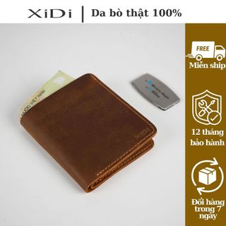Ví nam da bò cao cấp XiDi, ví đứng màu nâu đậm, khắc tên theo yêu cầu-VDN02