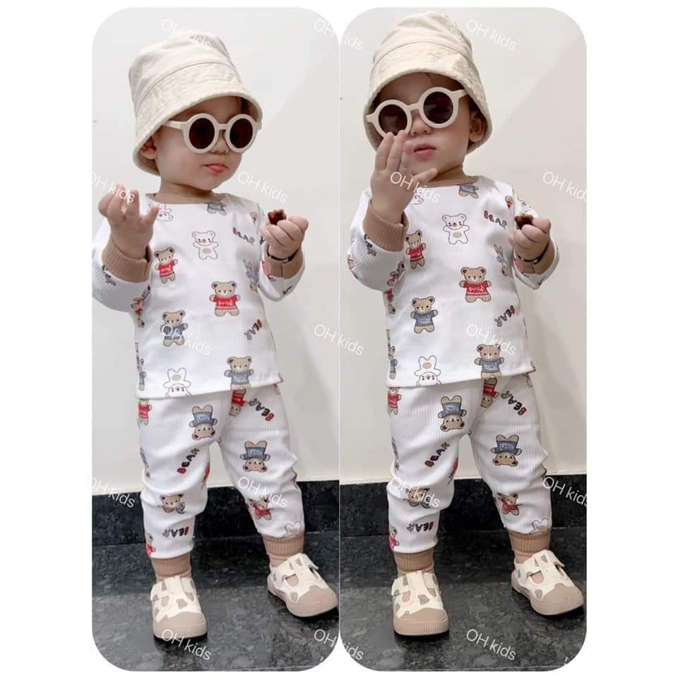 Bộ Dài Tay Thu Đông Gân Tăm Mềm Mại Họa Tiết Gấu Cho Bé Trai, Bé Gái