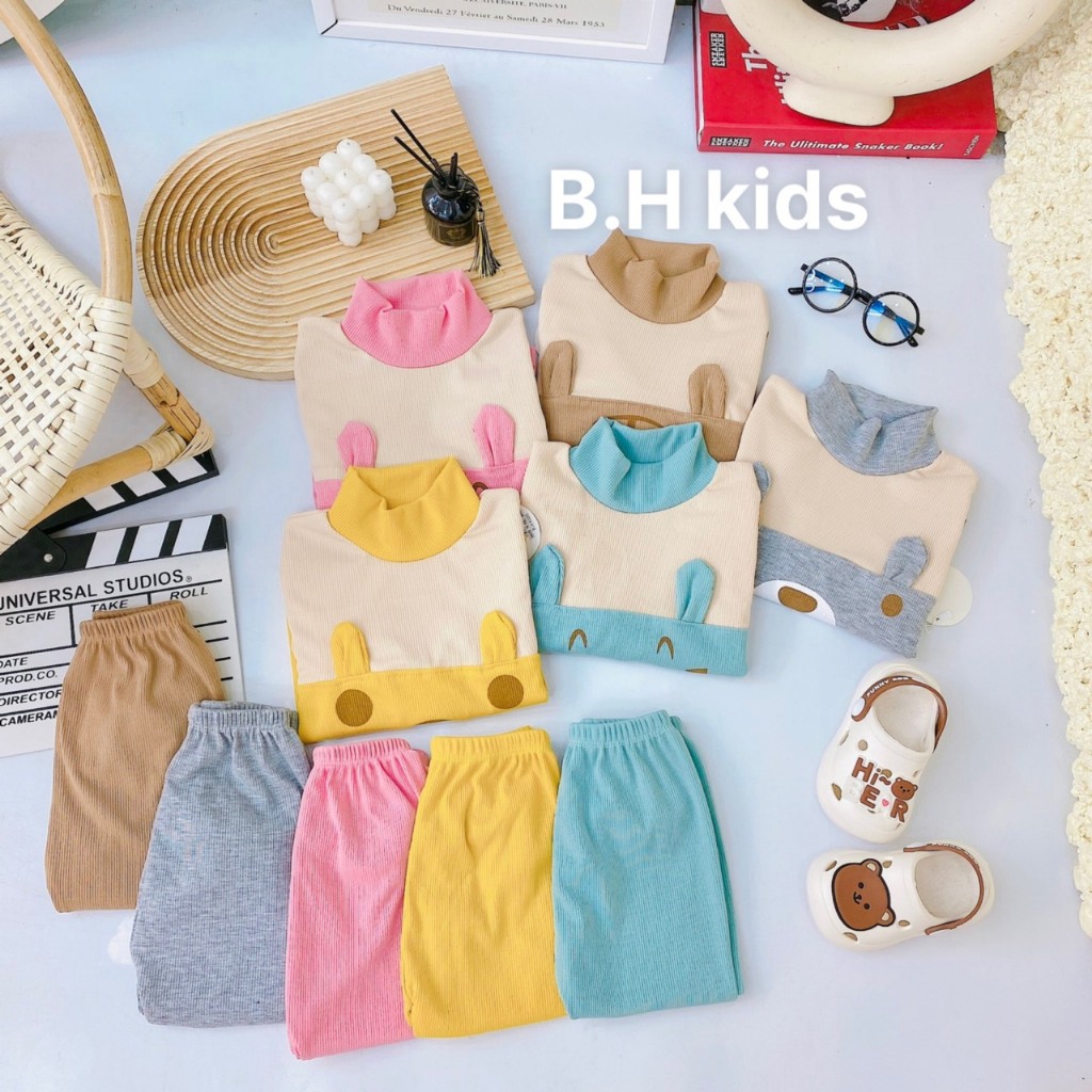 Bộ Dài Tay Thu Đông Gân Tăm Mềm Mại Cổ 3 Phân Cho Bé Trai, Bé Gái