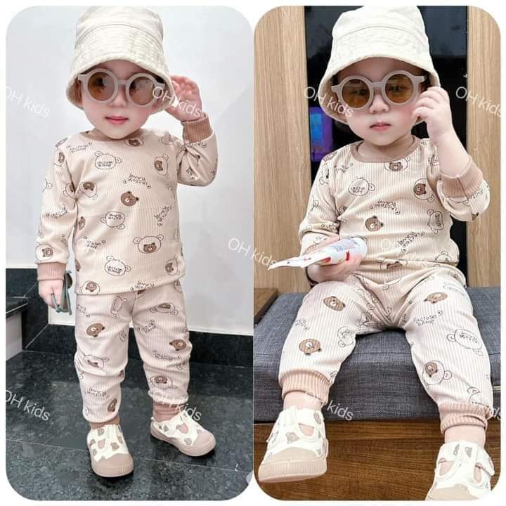Bộ Dài Tay Thu Đông Gân Tăm Mềm Mại Họa Tiết Gấu Cho Bé Trai, Bé Gái