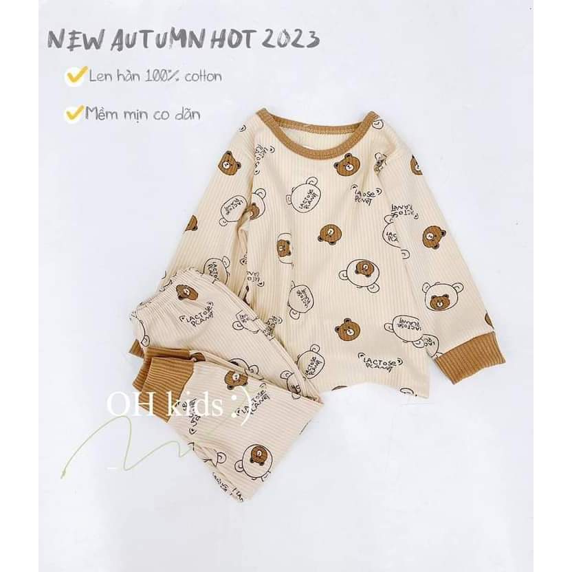 Bộ Dài Tay Thu Đông Gân Tăm Mềm Mại Họa Tiết Gấu Cho Bé Trai, Bé Gái