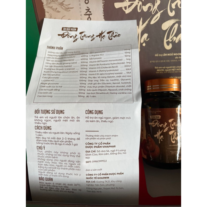 Viên Uống Ăn Ngủ Ngon Đông Trùng Hạ Thảo từ Vihaphar hộp 2lọ x 30viên