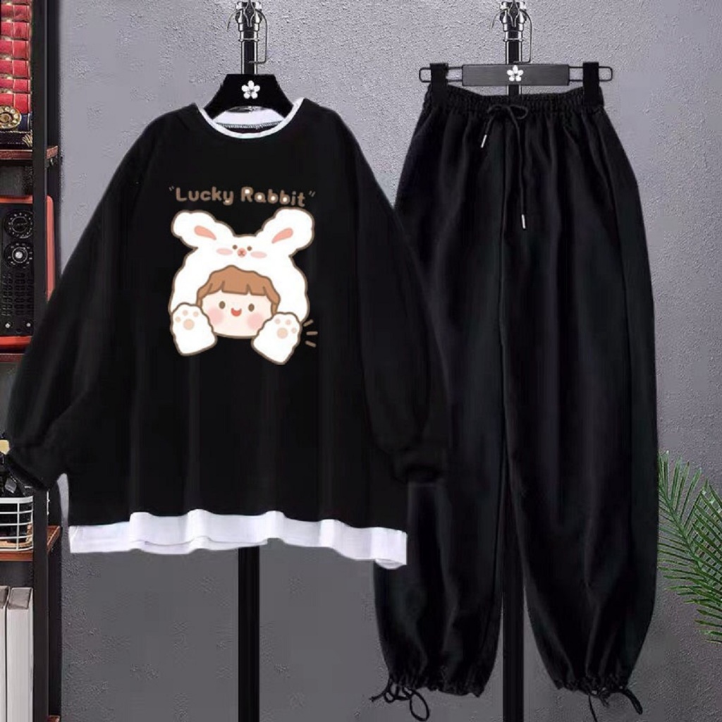 Sét Bộ Quần Áo Nỉ Nữ Bo Chun Ống DVGIT Áo Hình In Đáng Yêu Chất Liệu Cotton Thoáng Khí Mềm Min