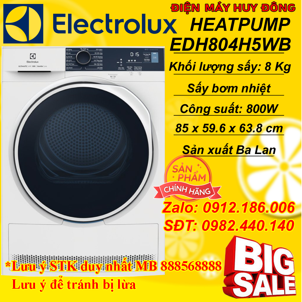 Máy sấy bơm nhiệt Heat Pump Electrolux 8 kg EDH804H5WB