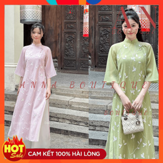  Áo dài cách tân An Vy  áo dài tết 4 tà chất liệu tơ nhăn thêu cổ 2,5cm tròn phối tay loe MAD653 - Anna Boutique 