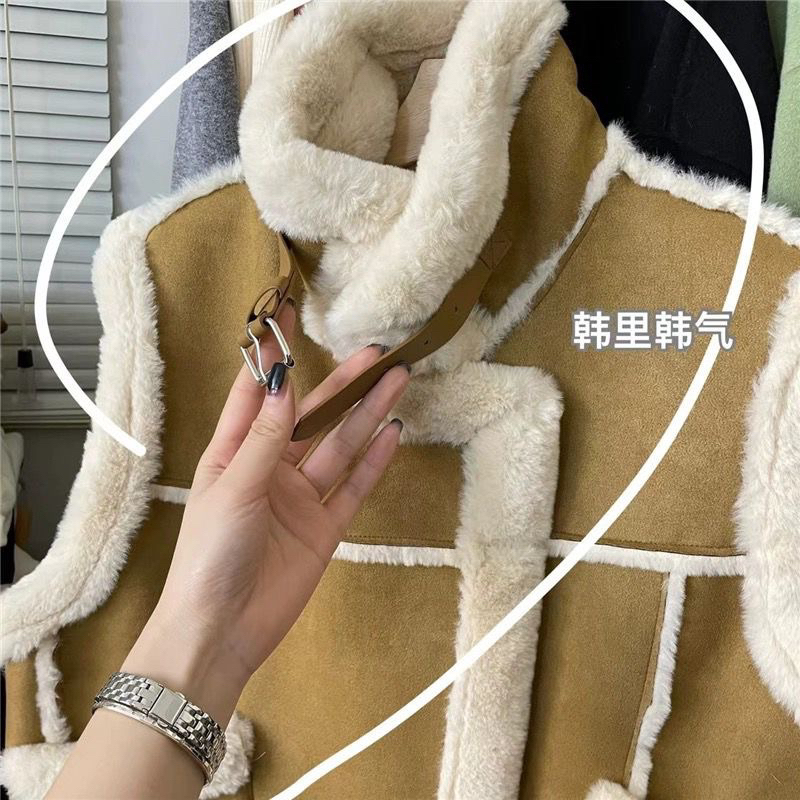 Áo gile da lộn lót lông mùa đông phong cách hàn quốc- áo khoác mùa đông lót lông nâu cam hàng quảng châu