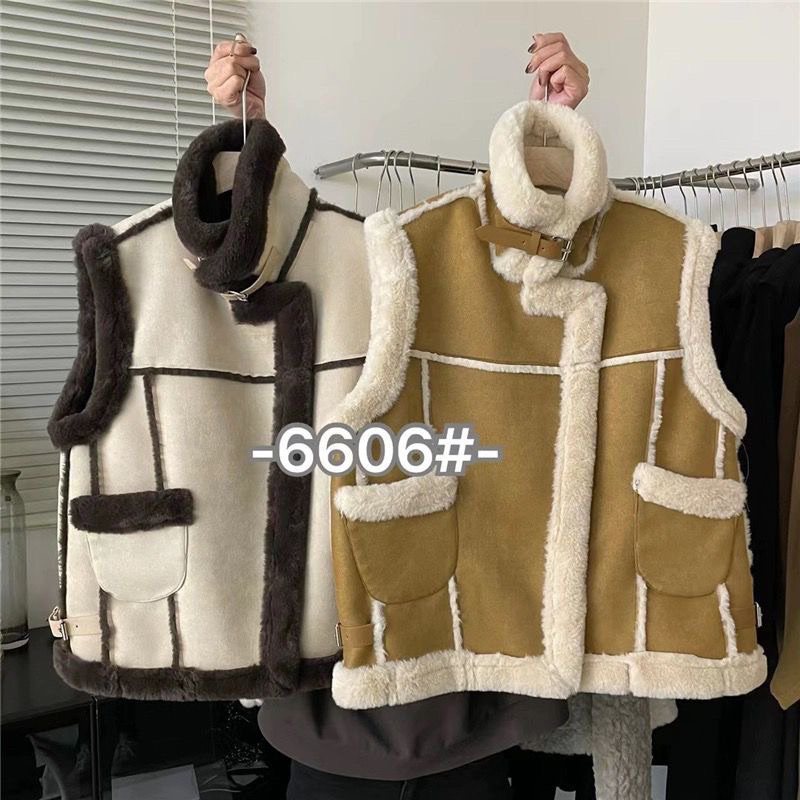 Áo gile da lộn lót lông mùa đông phong cách hàn quốc- áo khoác mùa đông lót lông nâu cam hàng quảng châu