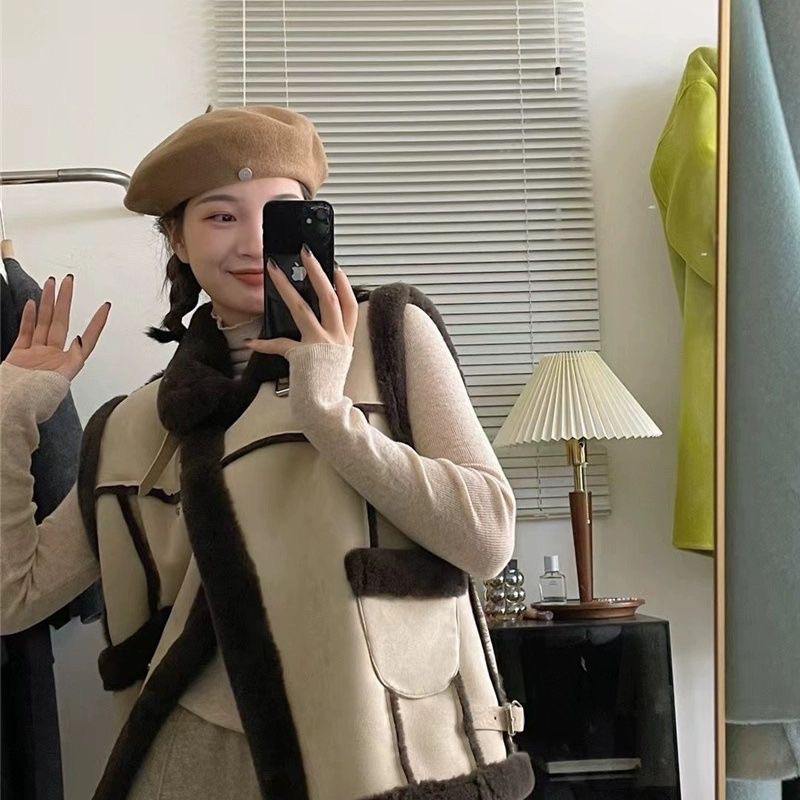 Áo gile da lộn lót lông mùa đông phong cách hàn quốc- áo khoác mùa đông lót lông nâu cam hàng quảng châu