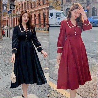 Đầm cổ sơ mi tay dài dáng xòe 2 màu đỏ và đen thanh lịch đi làm,dự tiệc mùa Noel Lễ Tết