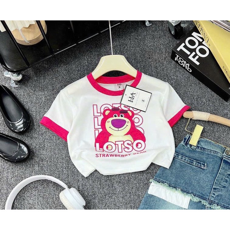 Áo Croptop Bé Gái HML Tay Cộc HÌNH GẤU LOTSO Chất Zip Co Dãn 4c Áo Thun Tay Cọc Cho Bé Size Đại Từ 10 Đến 40kg