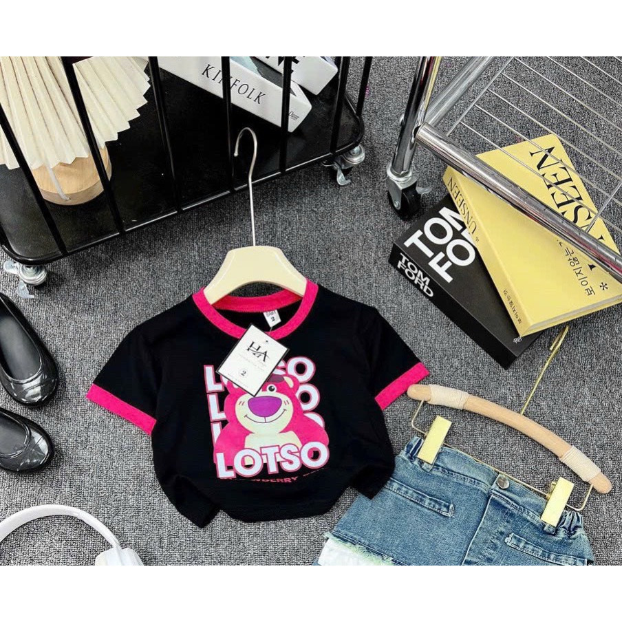 Áo Croptop Bé Gái HML Tay Cộc HÌNH GẤU LOTSO Chất Zip Co Dãn 4c Áo Thun Tay Cọc Cho Bé Size Đại Từ 10 Đến 40kg