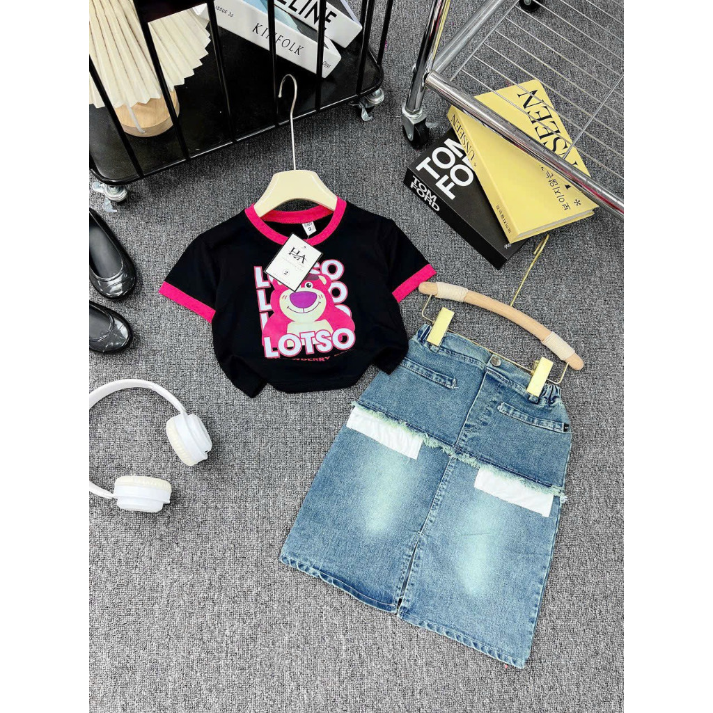 Áo Croptop Bé Gái HML Tay Cộc HÌNH GẤU LOTSO Chất Zip Co Dãn 4c Áo Thun Tay Cọc Cho Bé Size Đại Từ 10 Đến 40kg