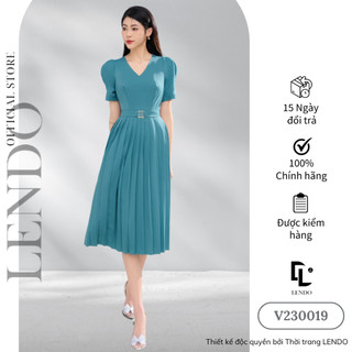 Đầm Váy Công Sở LENDO V230019 Dáng Dài Xếp Ly Cổ V Tay Bồng Ngắn Thắt Đai