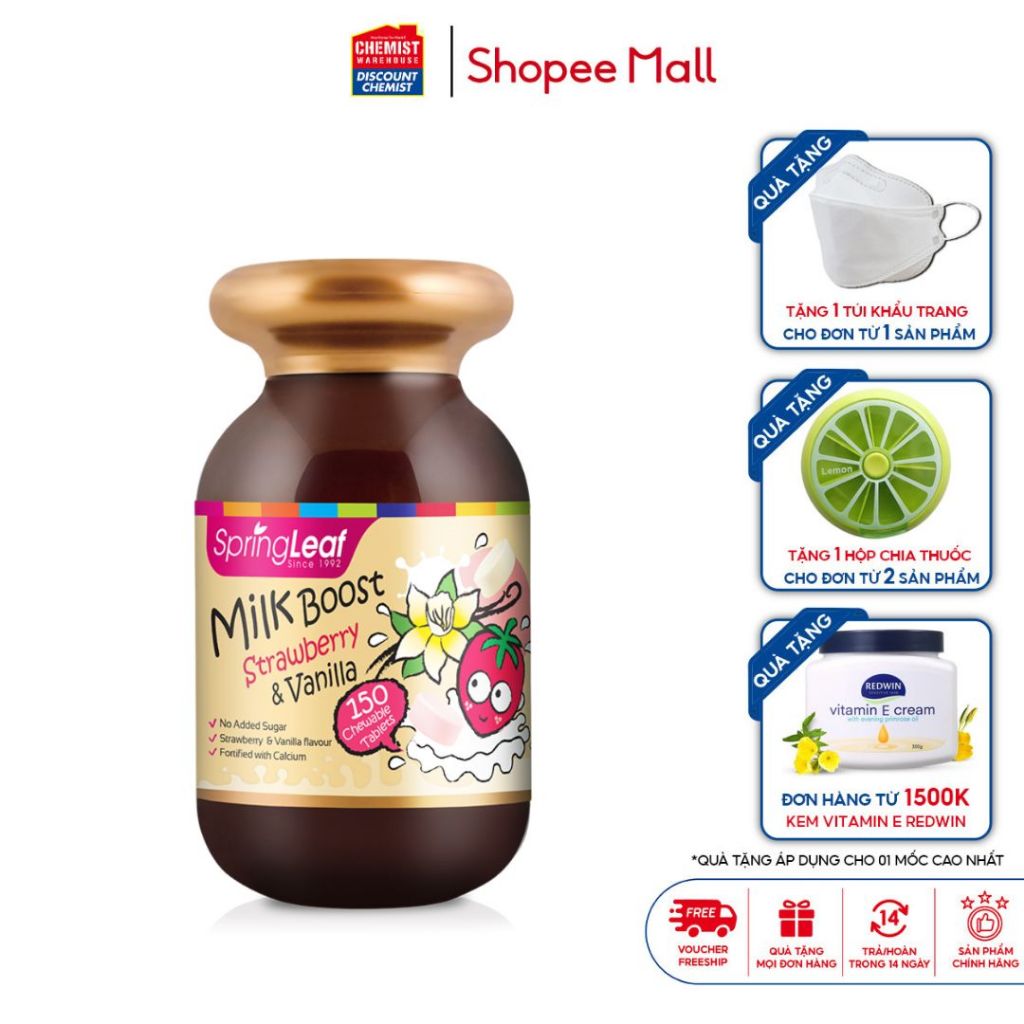Kẹo sữa Canxi cho trẻ vị Dâu và Vanilla SpringLeaf Milk Boost 150 viên tăng chiều cao, giúp bé chắc khỏe xương và răng