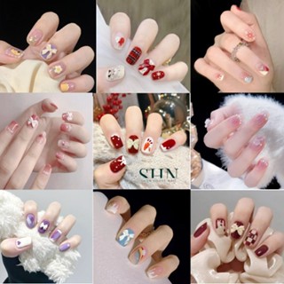  Bộ 24 móng tay giả ngắn vuông đính nơ đính hoa Móng tay giả đính đá Nail box Mẫu nail ngắn đẹp dễ thương 