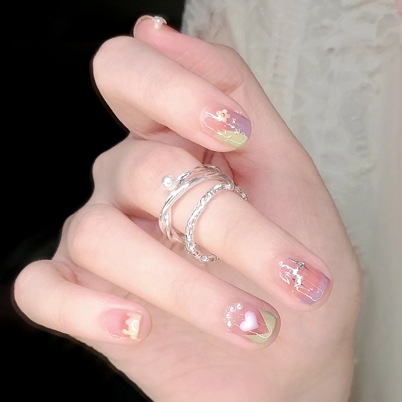 Bộ 24 móng tay giả ngắn vuông đính nơ, đính hoa, Móng tay giả đính đá, Nail box, Mẫu nail ngắn đẹp dễ thương