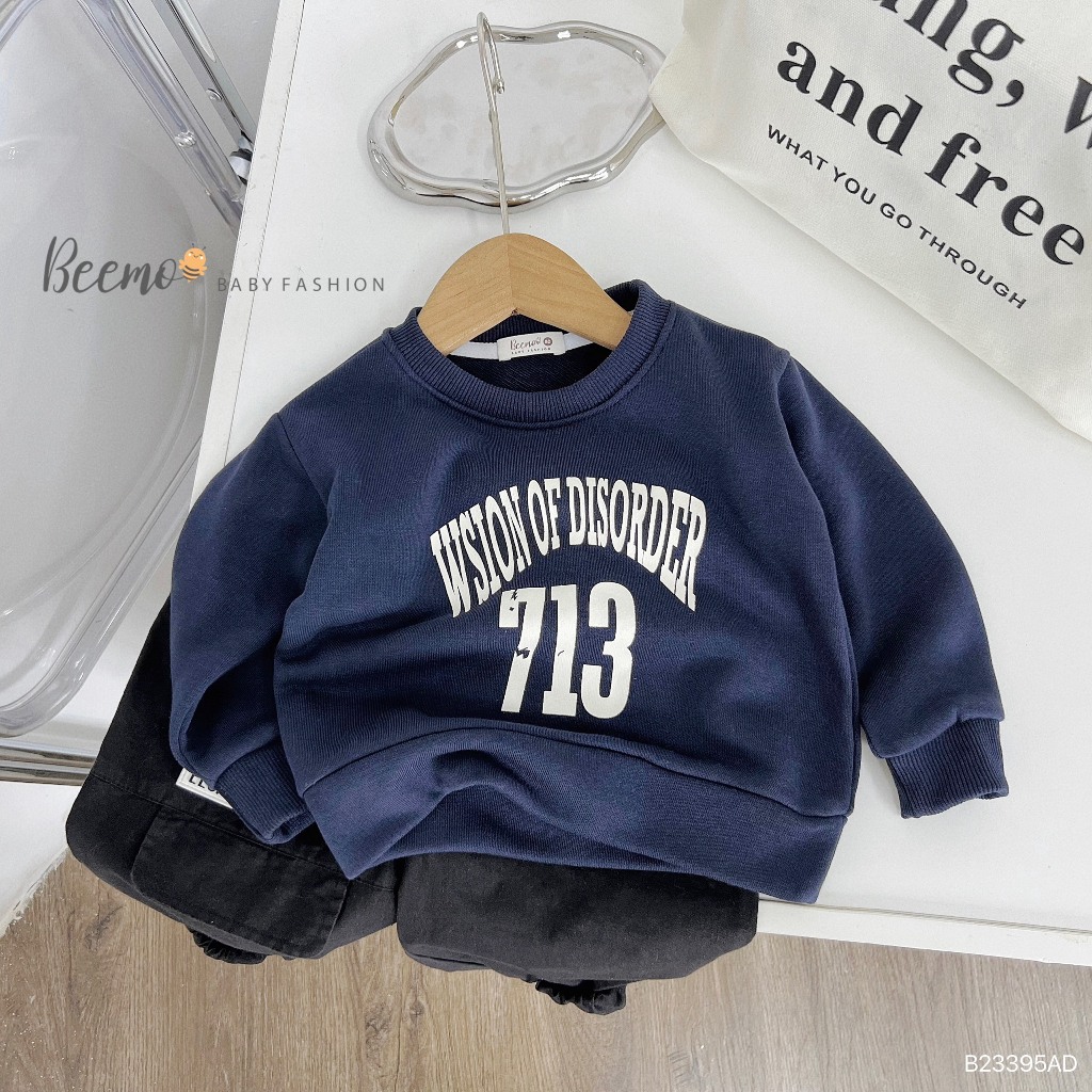 Áo dài tay Beemo sweater cho bé trai, in số 713 phối chữ cá tính, vải nỉ da cá mềm mại, co giãn, mặc thu đông B23395AD