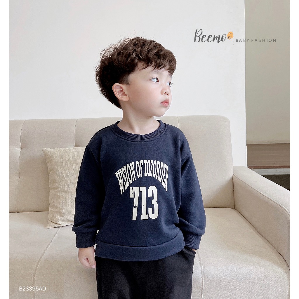 Áo dài tay Beemo sweater cho bé trai, in số 713 phối chữ cá tính, vải nỉ da cá mềm mại, co giãn, mặc thu đông B23395AD