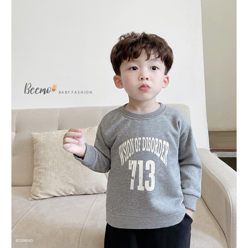 Áo dài tay Beemo sweater cho bé trai, in số 713 phối chữ cá tính, vải nỉ da cá mềm mại, co giãn, mặc thu đông B23395AD