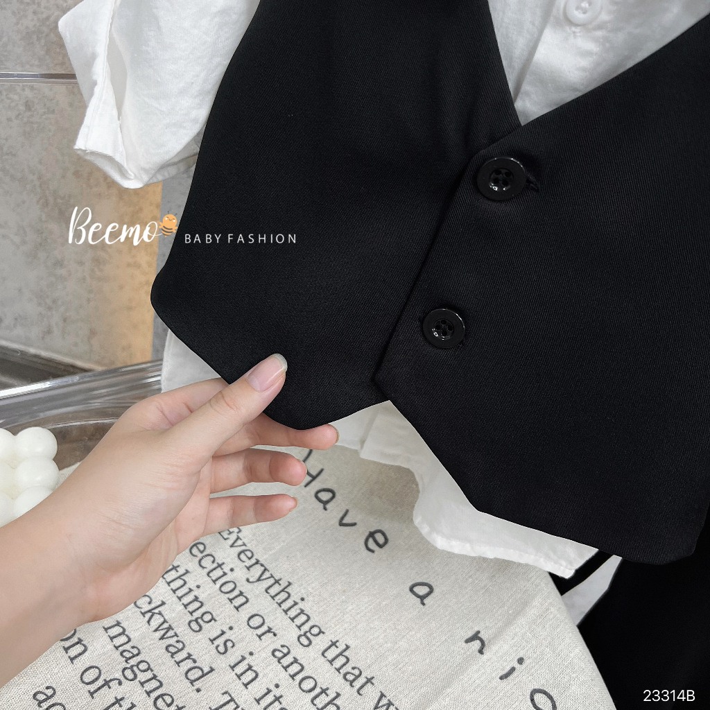 Set bộ vest gile Beemo cho bé trai, 5 chi tiết (áo khoác vest,áo gile,sơ mi,quần,nơ) vải chéo Hàn, mặc sự kiện 23314B1