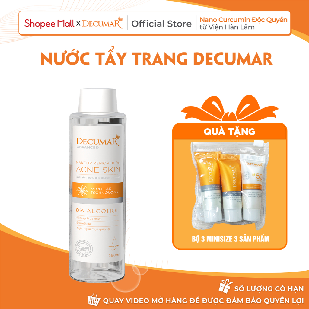 Nước tẩy trang cho da mụn Decumar không cồn, pH 5.5 , sạch sâu, kháng khuẩn, dưỡng ẩm, không khô da, 250ml