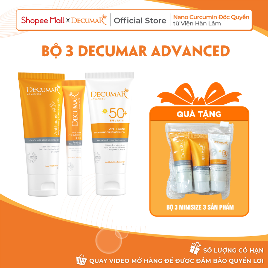 Combo Decumar Advanced gồm 1 Gel ngừa mụn, 01 Gel rửa mặt, 01 kem chống nắng giành cho da mụn hoàn toàn mới