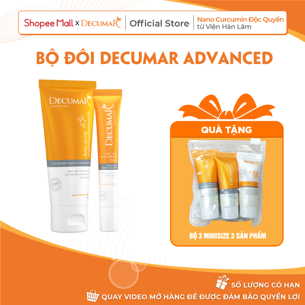 Bộ đôi 1 Gel ngừa mụn Nano Curcumin và 1 Gel rửa mặt giảm nhờn cho da mụn Decumar.