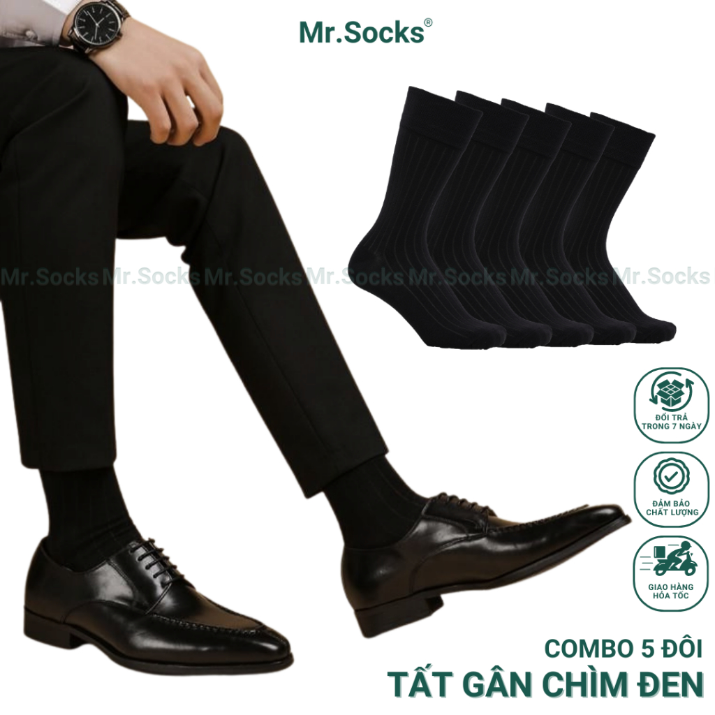 Combo 5 đôi tất nam cổ cao công sở màu đen Mr.Socks gân chìm, cotton cao cấp hút ẩm thoáng khí - TAYGANCHIM-DEN-CB5