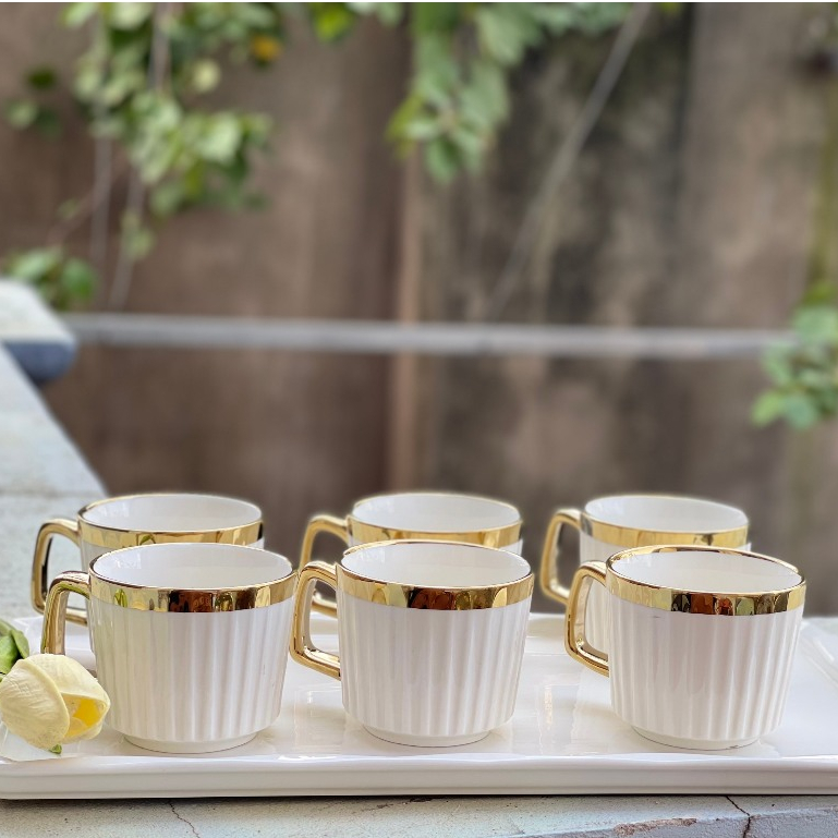 Bộ Ấm Trà Sứ AB FAMILY Màu Trắng Phong Cách Châu Âu Viền Vàng Kèm Khay Sứ Cao Cấp