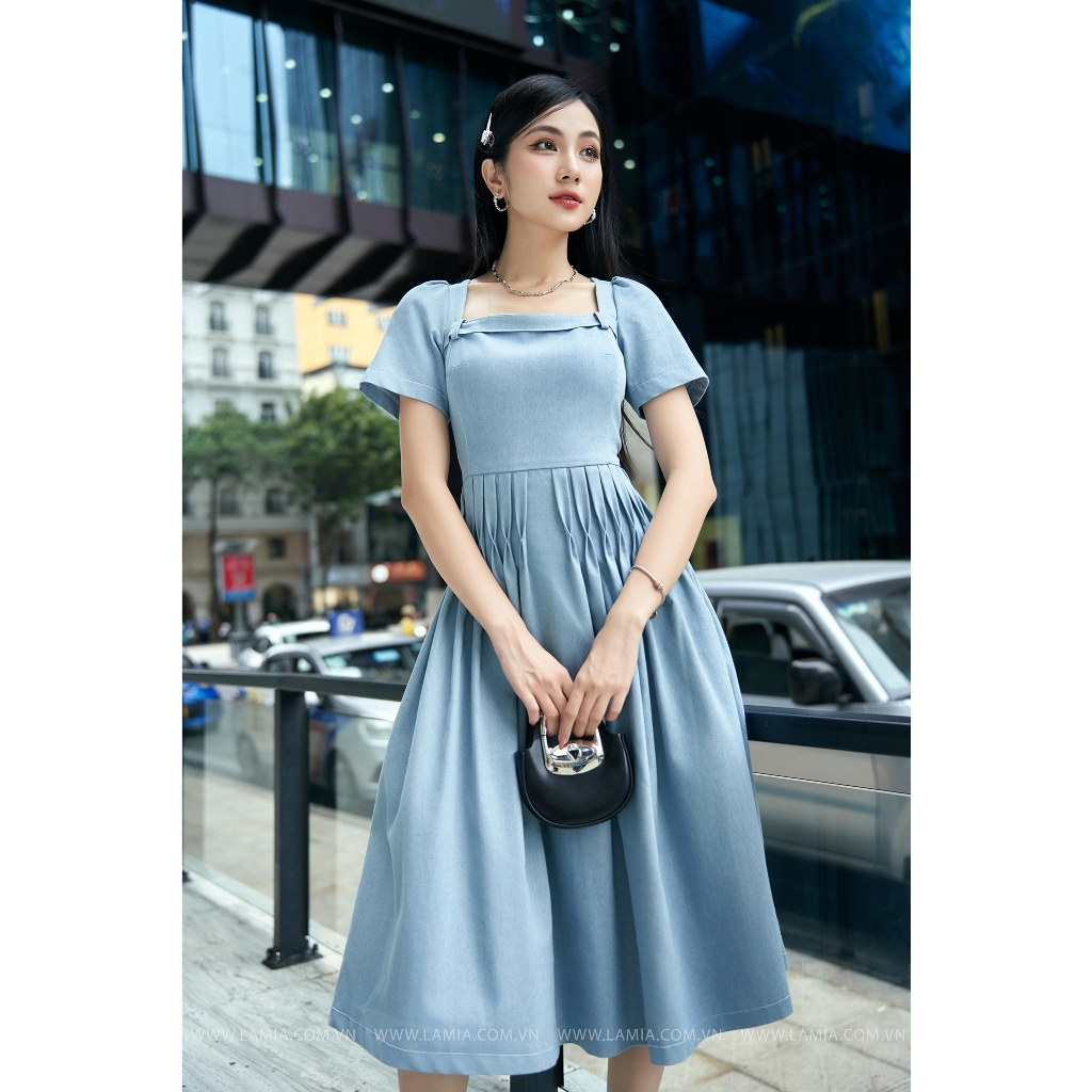 Đầm nữ Lamia Design LD216 denim lụa màu xanh dương pastel sang trọng