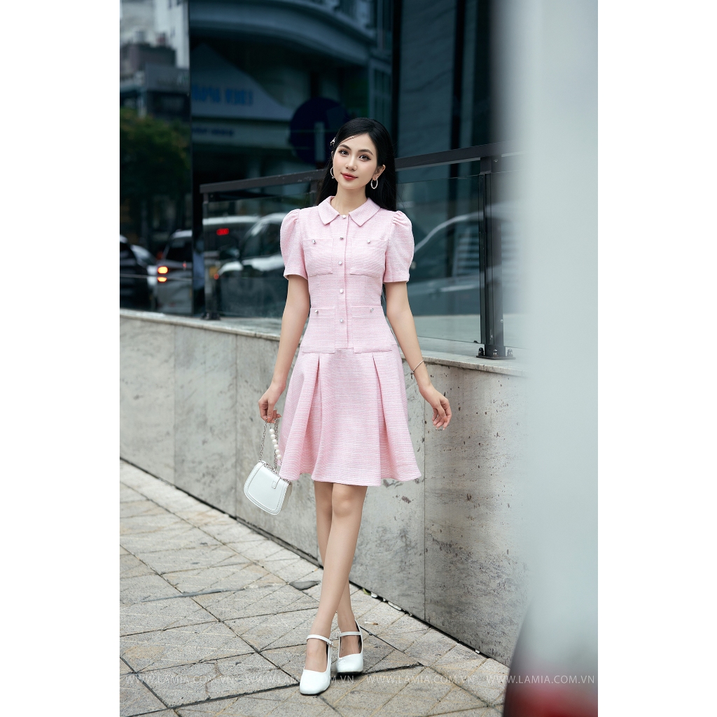 Đầm nữ Lamia Design LD217 màu hồng pastel cổ sơ mi tay phồng dáng ngắn trẻ trung thanh lịch
