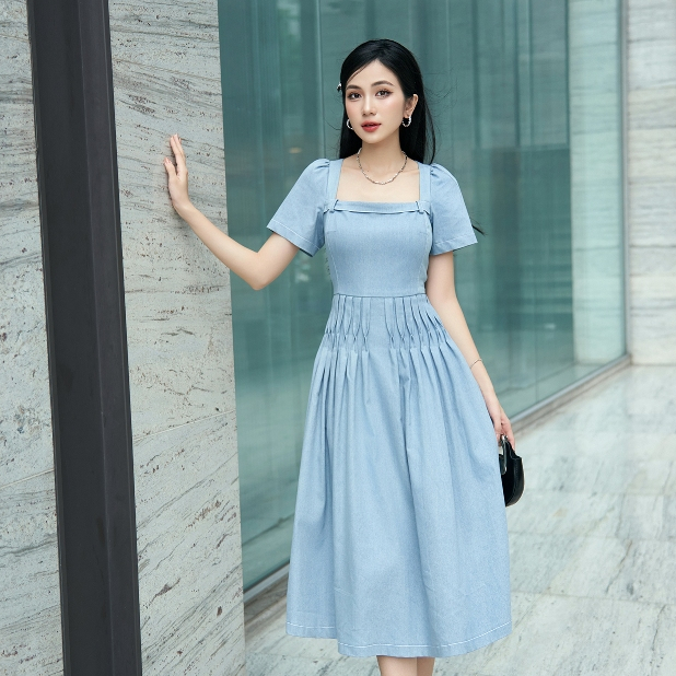 Đầm nữ Lamia Design LD216 denim lụa màu xanh dương pastel sang trọng