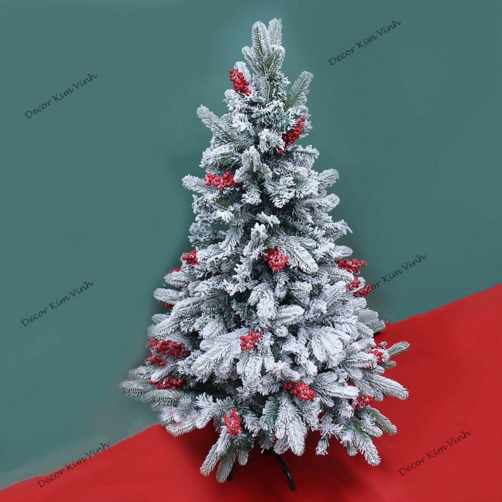 Cây Thông Lá PE gắn Trái Đỏ Phủ Tuyết C20 1.8m loại tán dày rậm Cây Thông Trang Trí Noel