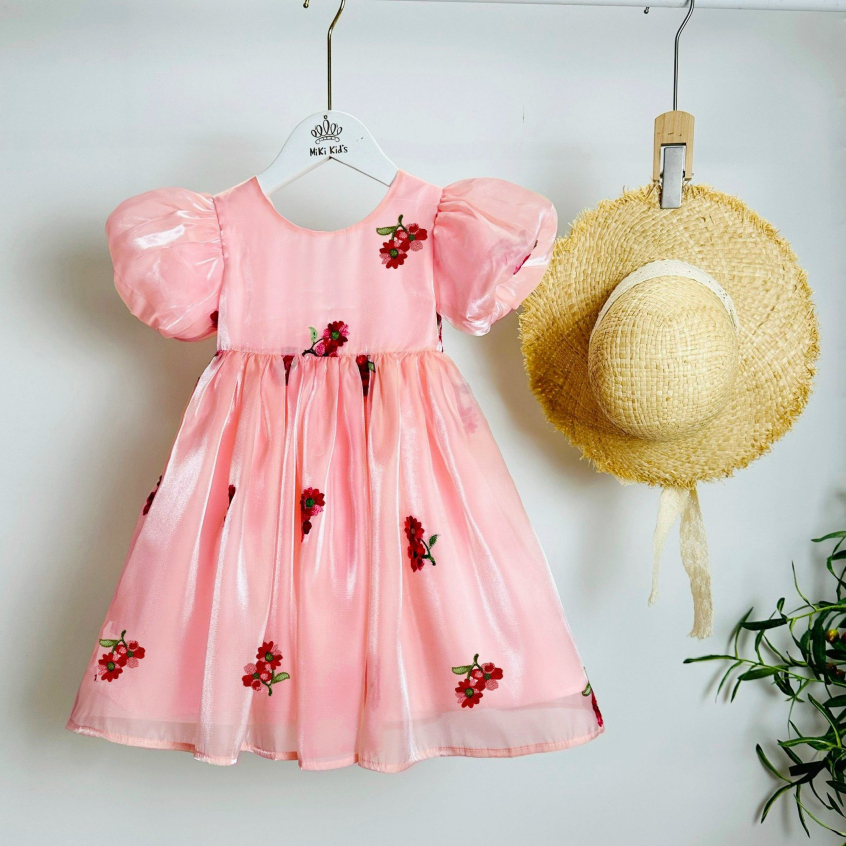 Váy đầm công chúa cho bé gái chất tơ organza sang sáng mịn, Đầm tơ Organza thiết kế thêu hoa cao cấp dễ thương