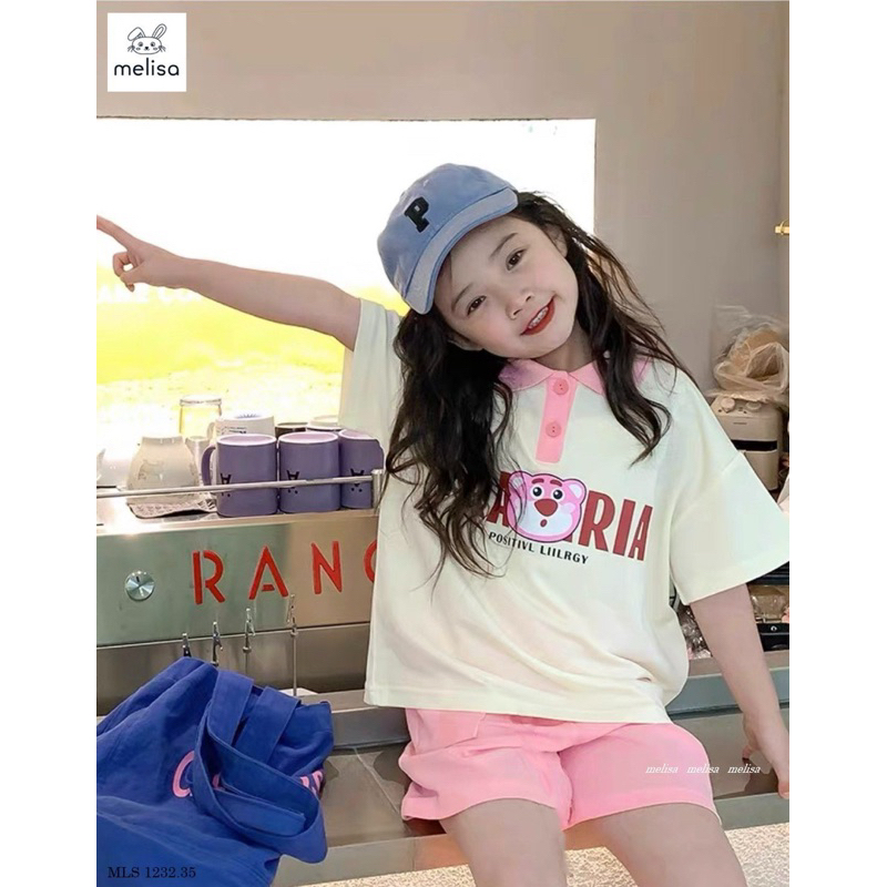 Set Melisa áo polo quần short thun hình gấu bé gái